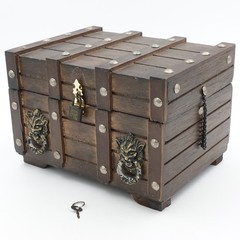 70s Wood Pirate Treasure Chest Jewelry Gothic Lion Heads 9.5”Lx6.5”H Padlock Key