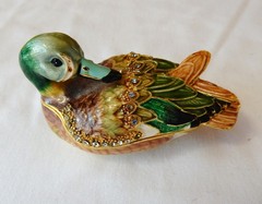 Mallard Duck Jeweled Enamel Trinket Box, hand-painted, Austrian crystals