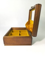 Vintage Wood Jewelry Box w/Tapestry Lid, Velvet Lining, Mirror, Compartments