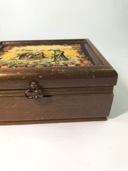 Vintage Wood Jewelry Box w/Tapestry Lid, Velvet Lining, Mirror, Compartments