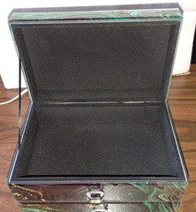 ~ Glass Jewelry Box Green & Gold Agate Swirl Pattern ~ 1 Drawer ~ Hinged Lid ~