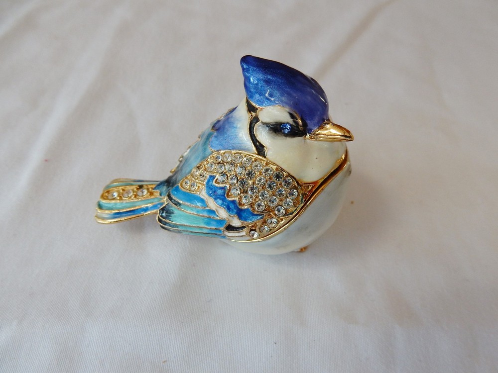 Bluejay Jeweled Enamel Trinket Box, hand-painted, Austrian crystals