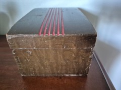 Vintage Wood Jewelry box with red handle and red engraved stripes