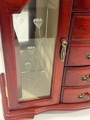 Vintage Wooden Jewelry Box 5 Drawers Cherry Finish Double Etched Glass Doors