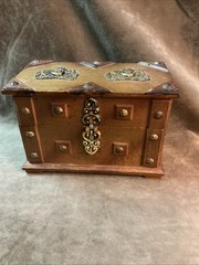 1970s Spanish revival design trunk/jewelry chest/box wood with brass accents