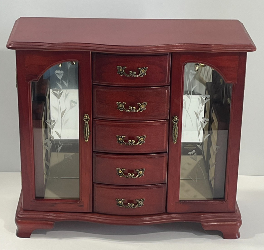 Vintage Wooden Jewelry Box 5 Drawers Cherry Finish Double Etched Glass Doors
