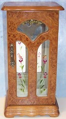 Vintage LONDON LEATHER wooden JEWELRY organized BOX w MIRROR & etched glass DOOR
