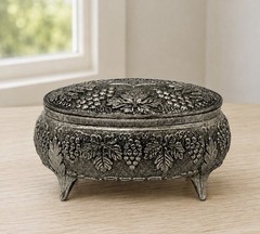 Vintage Japanese Silver Tone Trinket Box Ornate Floral Design Red Lined 3.75″