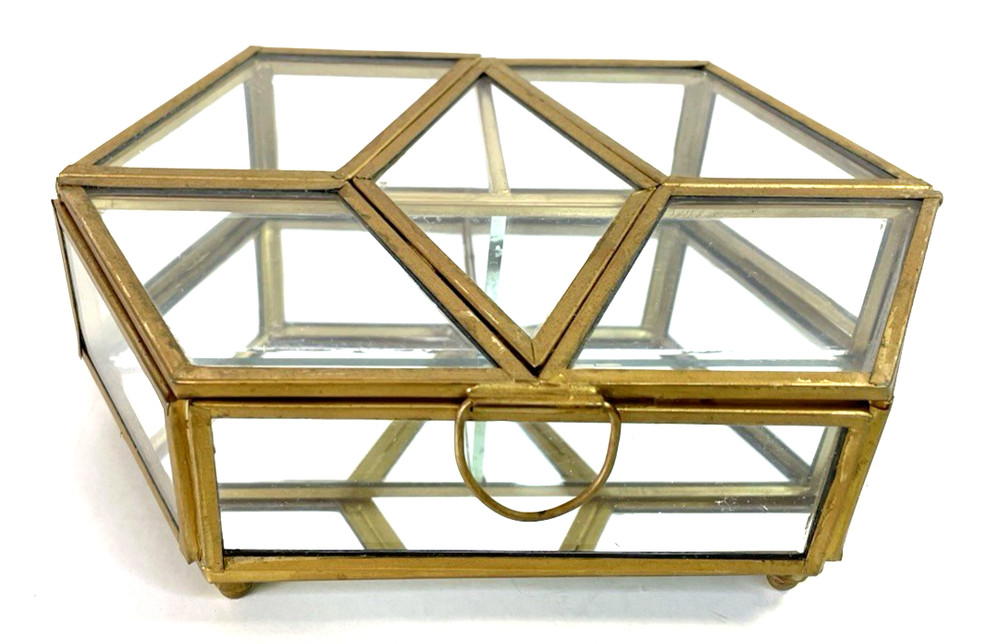 Glass & Brass Box Vintage Beveled Mirrored Bottom Footed W/Hinged Lid