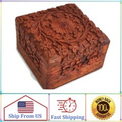 Unique Artisan Traditional Hand Carved Rosewood Jewelry Box From India Inside