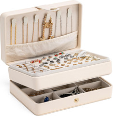 Travel Jewelry Case, 2-Layer Large Jewelry Organizer Box, Beige, PU Leather | Si