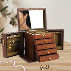 Wooden 5-Tier Jewelry Box 4 Drawers Mirror Lock Retro Brown Organizer