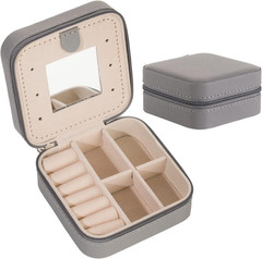 Small Travel Jewelry Organizer Box with Mirror, Portable Jewelry Case (Grey)