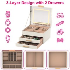 3‑Layer Jewelry Box with LED Mirror – PU Leather Organizer with Drawers for Ring
