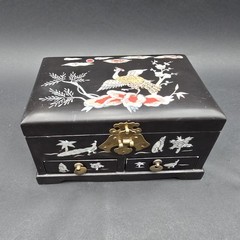 Vintage Chinese Lacquer Box Jewelry Inlay Mother Of Pearl 2 Drawer