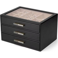 Black 9.8 In. X 6 In. Polyurethane Modern Jewelry Box Organizer with Glass Lid a